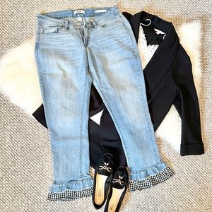 ✨Vintage America Wonderland Denim Jean Light Wash Gingham Ruffle Size 6/28 Crop✨